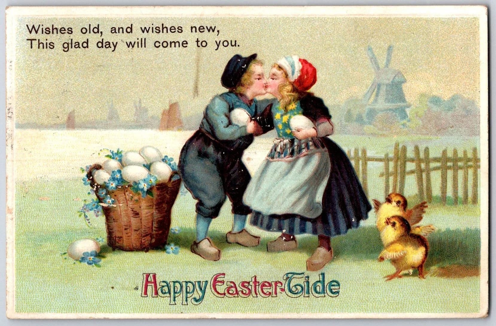 Easter Children Kissing with Eggs Chicks Basket German Litho Postcard