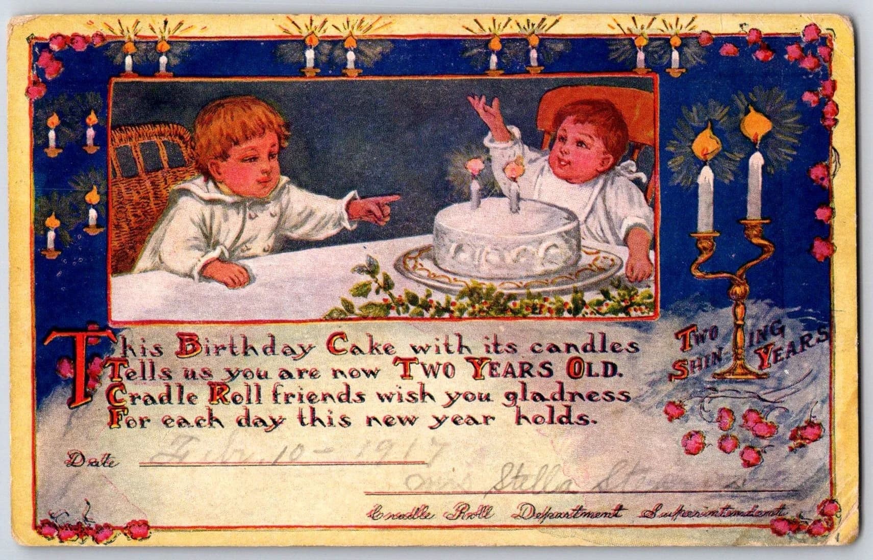 Cradle Roll 2nd Birthday Sunday School Children Cake Candles 1917 Postcard